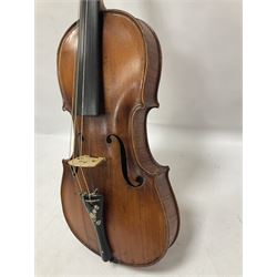 19th century full sized violin in a later hard case, decorative mother of pearl inlay to the tail piece Overall length 60cm No bow