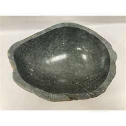 River rock carved stone bowl with polished centre, H16cm, W36cm, L47cm