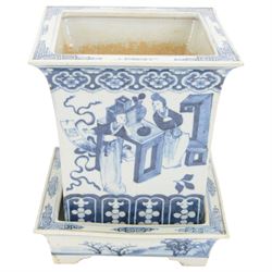 19th century Chinese blue and white planter and stand, each of square slightly tapering and flared form, the planter decorated with figures and precious objects between stylised foliate borders, the stand decorated with landscapes beneath a lipped rim with cell band, planter H28cm D25.5cm, stand H7cm D26cm