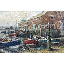 Barry Claughton (British 20th century): 'Scarborough Fishing Boats', oil on board signed, labelled verso 50cm x 75cm