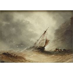 Henry Barlow Carter (British 1804-1868): Scarborough Yawl in a Violent Storm in the North Bay, watercolour with scratching out signed 16.5cm x 23cm 
Provenance: part of a large important North Yorkshire single owner life time collection of H B & J N Carter watercolours and sketches