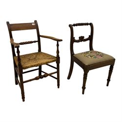 18th century oak and fruitwood ladder back chair, string seat, and a Regency mahogany side chair (2)