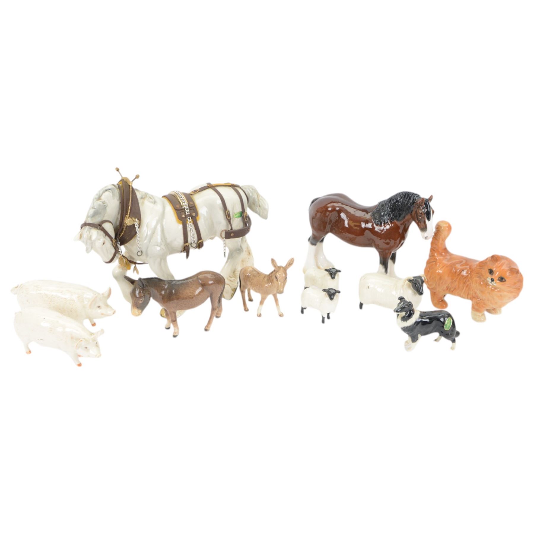Eleven Beswick figures, including CH Champion Wall bore, CH Champion Wall sow, grey Shire horse with harness 2578, ginger Persian cat 1898, sheep family etc 