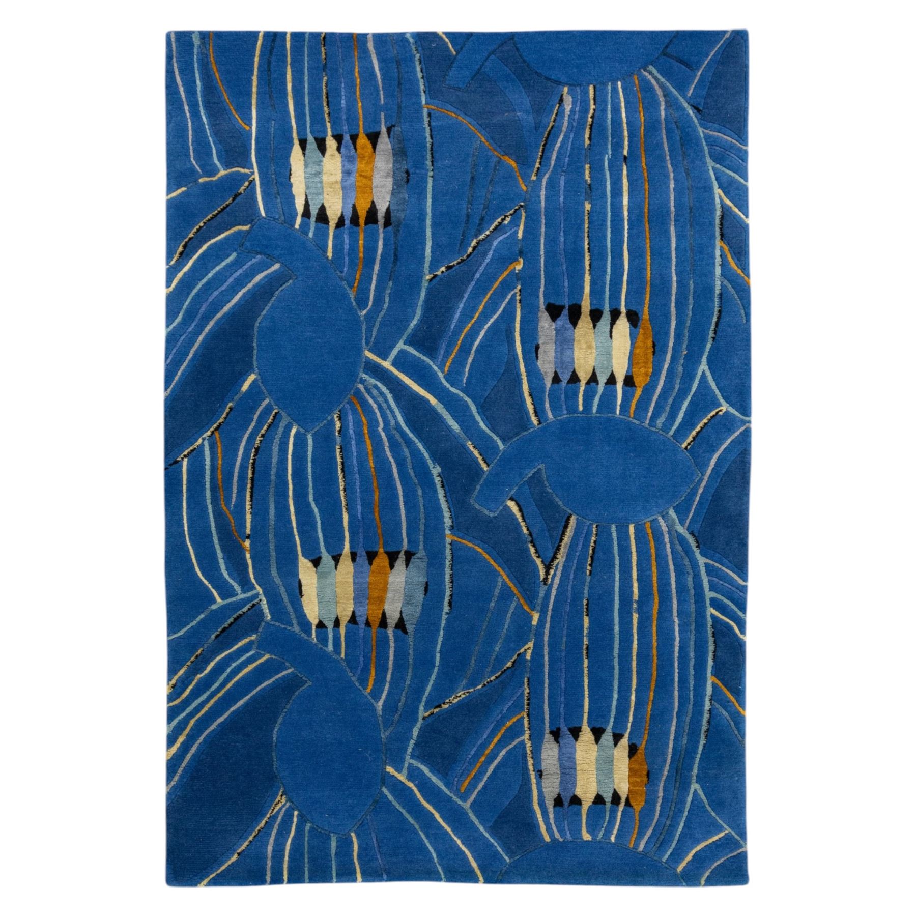 Rugs by Design - ‘Sweet Thames’ Nepalese thick pile wool rug, with abstract stylised floral design in layered blue tones, detailed with linear accents in cream, pale blue, black and ochre tones