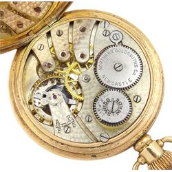 Early 20th century gold-plated open face Admiralty keyless Swiss lever pocket watch by Northern Goldsmiths Co, Newcastle, white enamel dial with Roman numeral hour markers and subsidiary seconds dial, case by Dennison