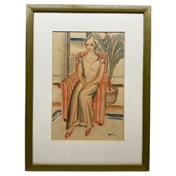 Attrib. Duncan Grant (British 1885-1978): Portrait of a Seated Lady, watercolour signed and dated '33, 31cm x 20cm