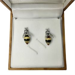 Pair of silver Baltic amber honey bee stud earrings, boxed 