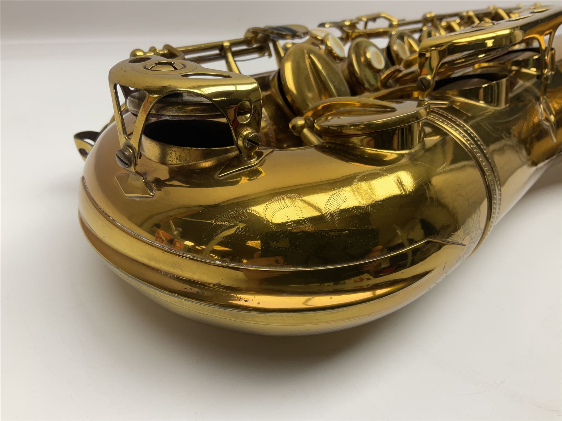 Mid-20th century French Henri Selmer Mark VI tenor saxophone, serial no.M.70644 for 1957, various French, English and American patent numbers, crudely stamped J.A.Brown twice to thumb rest; in fitted hard case with crook and other accessories including two Berg Larsen mouthpieces, reed cutter etc