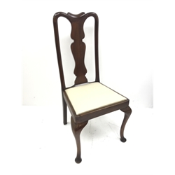 Set six Queen Anne style mahogany dining chairs, shaped cresting rail, upholstered seat, cabriole legs, W53cm