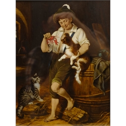  English School (19th century): Young Boy with Dog and Lobster, oil on glass indistinctly signed under the mount  