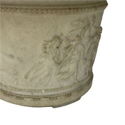 20th century marble planter, of slightly tapering cylindrical form, carved with a Classical frieze of figures and horse drawn chariot amidst clouds and sunburst, H32.5cm D45cm