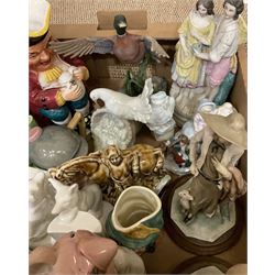 Assorted figures, to include two NatWest pig money boxes, continental and bisque figures, etc., in one box 