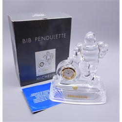  Michelin tyre interest - Cristal D'Arques clear glass Bibendum desk clock given to a member of staff as a thirty year long service award in 2000 H18cm, boxed  