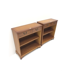 Pair inlaid yew wood open bookcases, two drawers above single shelf,  shaped bracket supports, W76cm, H83cm, D30cm