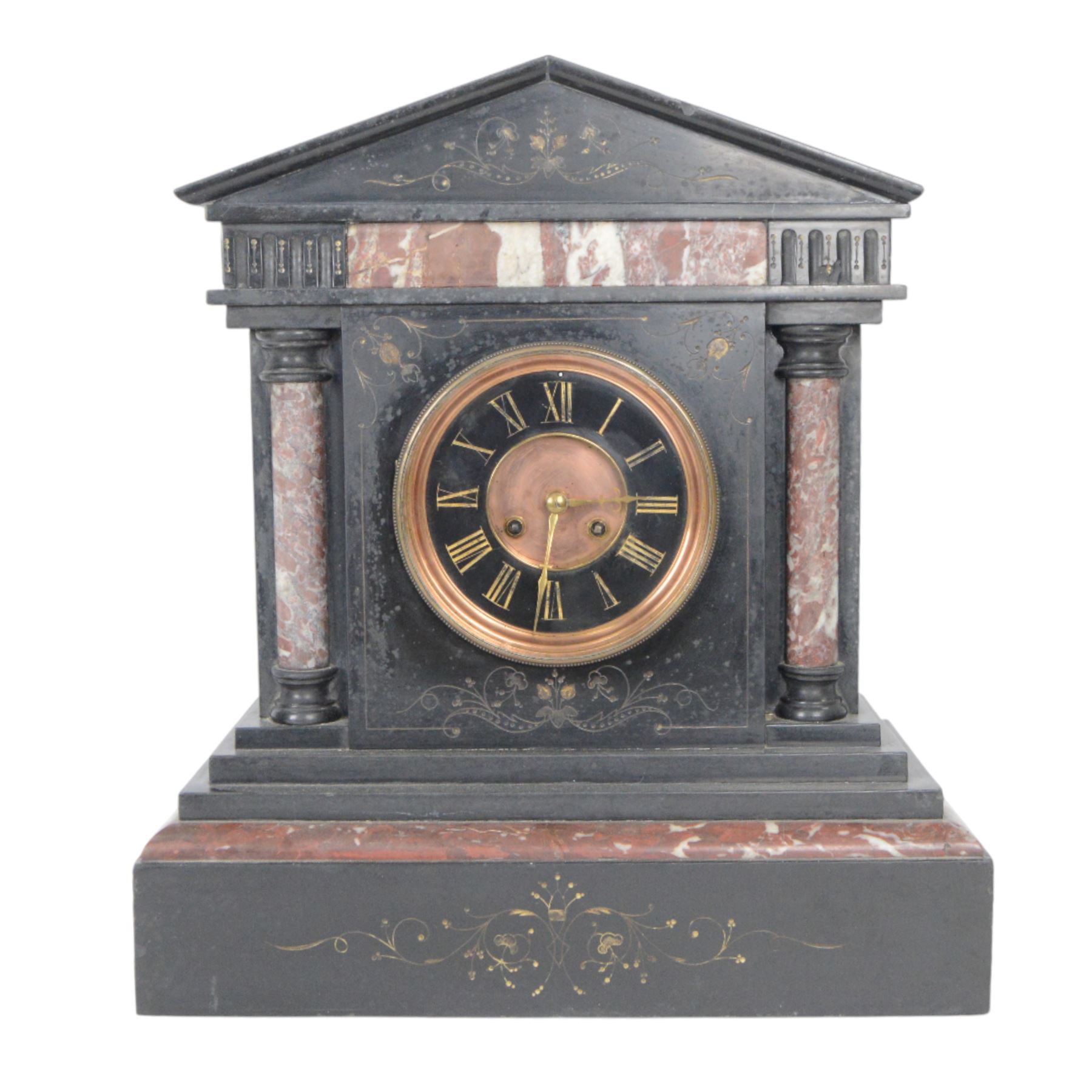 Large Victorian slate and variegated rouge marble architectural mantle clock, with gilded bronze mounts, with eight-day movement, striking a coiled gong, not running 