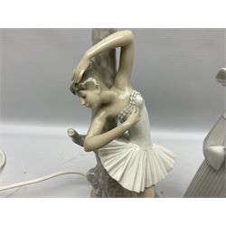 Three Lladro figures, comprising Prayerful Moment no 5500.3, Meditation no 5502.3 and St Joseph no 4672, together with Lladro Columbine Lamp no 4526, Lladro candle holder Sailing the Seas and Lladro Collectors plaque, lamp H36cm 