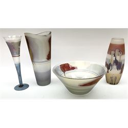 Four pieces of modern Art Glass, comprising three vases, one of slightly ovoid form, another of tapering cylindrical form, and the third of trumpet form, tallest H29.5cm, and a flared bowl, D27cm, each with merging brown decoration. 