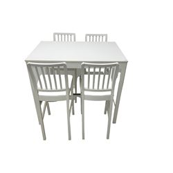 IKEA - 'Ekedalen' bistro set, rectangular table raised on chamfered supports (W121cm D80cm H106cm); and set four bar stools, stick back, in white finish