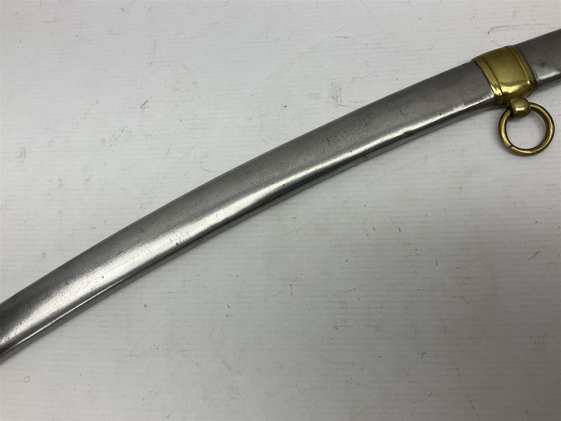 Early 19th century French Lancers officer's sword c1810, the 84cm curving fullered blade retaining most of its bluing, gilding and engraved decoration, inscribed I.S.& C. to ricasso (for Schimelbusch), brass three-bar hilt with elongated elliptical langets and wire-bound leather grip; in polished steel scabbard with two brass suspension rings L100cm overall