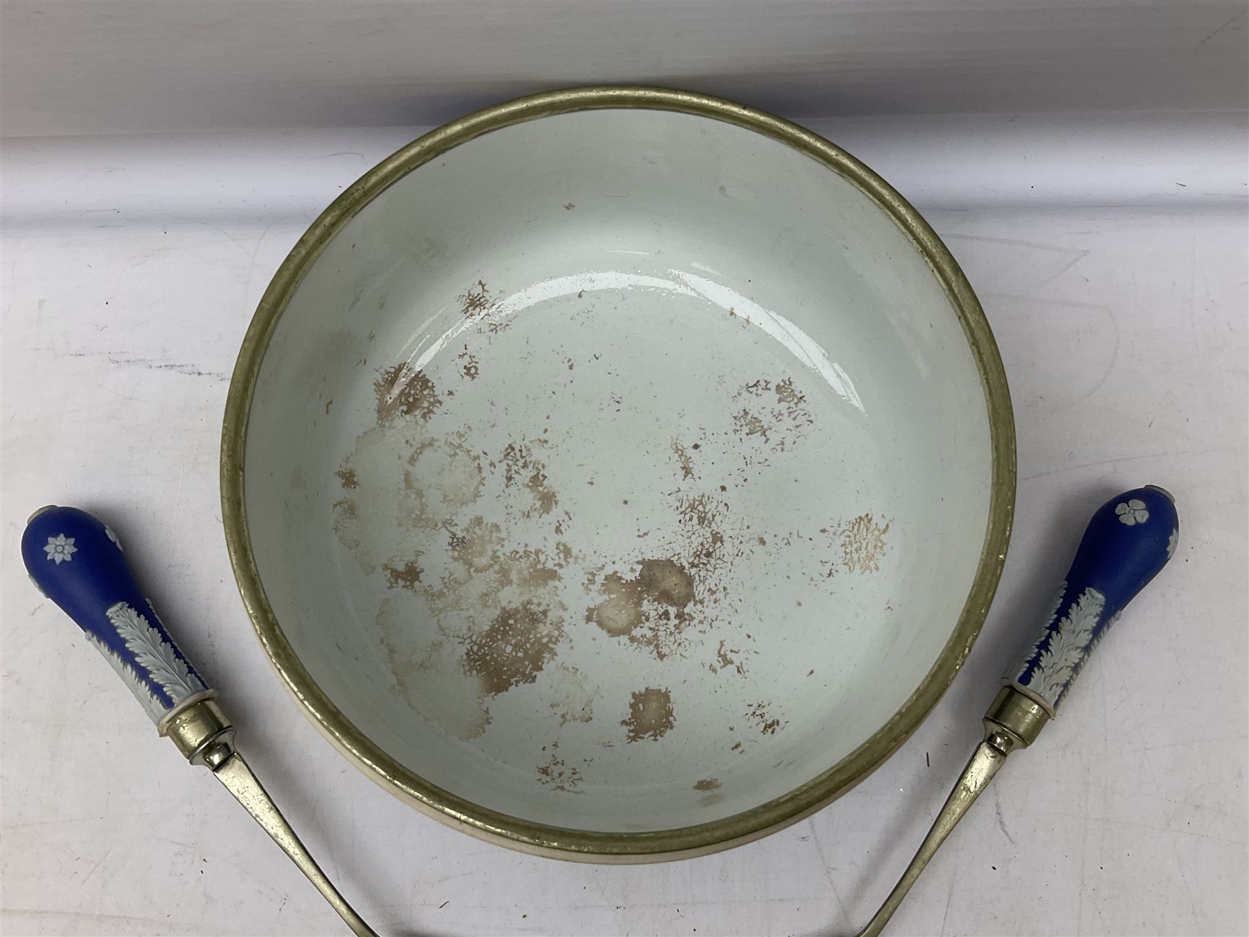 Wedgwood blue Jasperware salad bowl with silver plated collar and matching servers, bowl D22.5cm