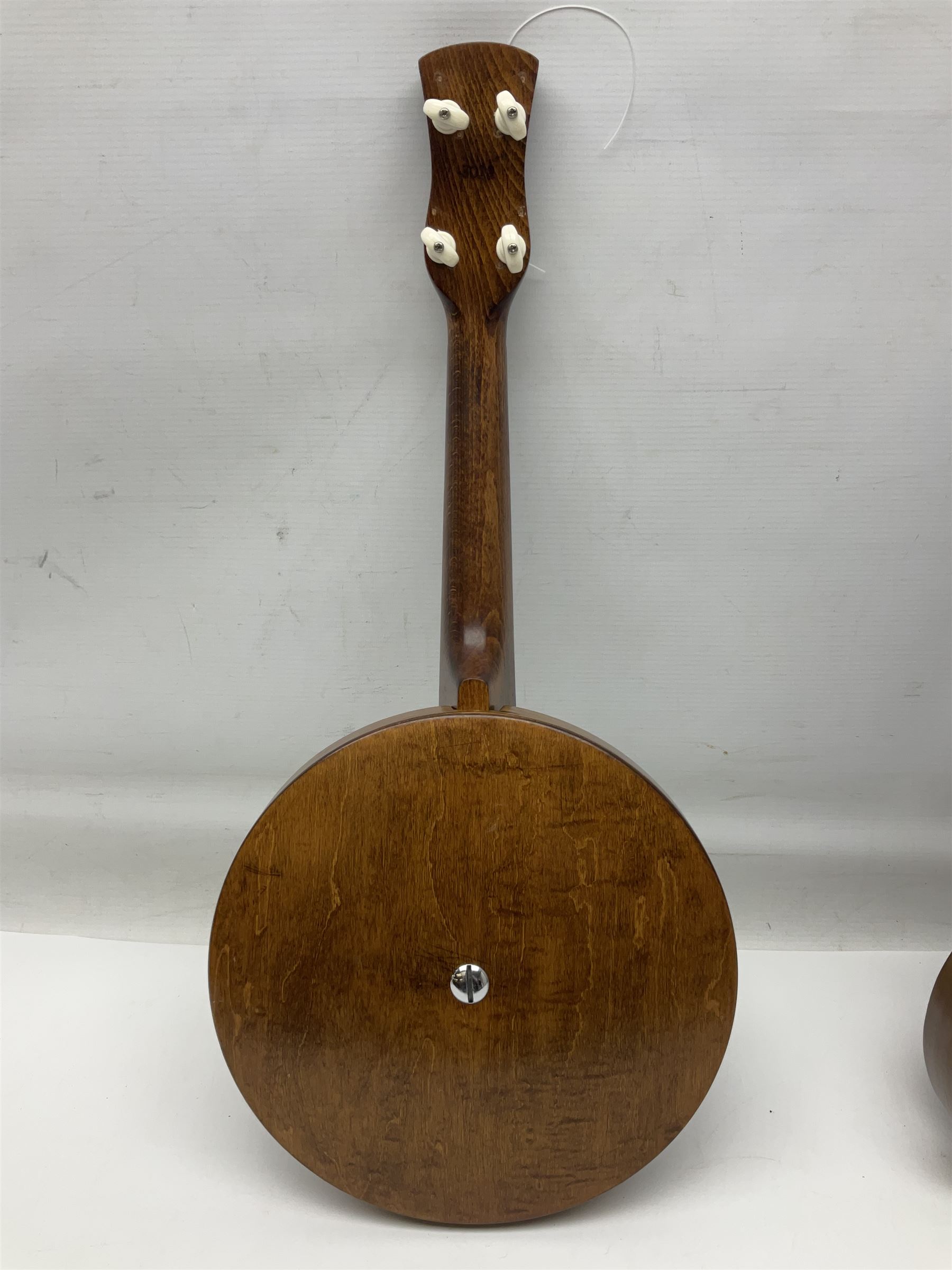 Trumelo BMI banjo ukulele no.3013 L58cm; in soft carrying case; and Kapok Brand guitar shaped ukulele L51cm (2)