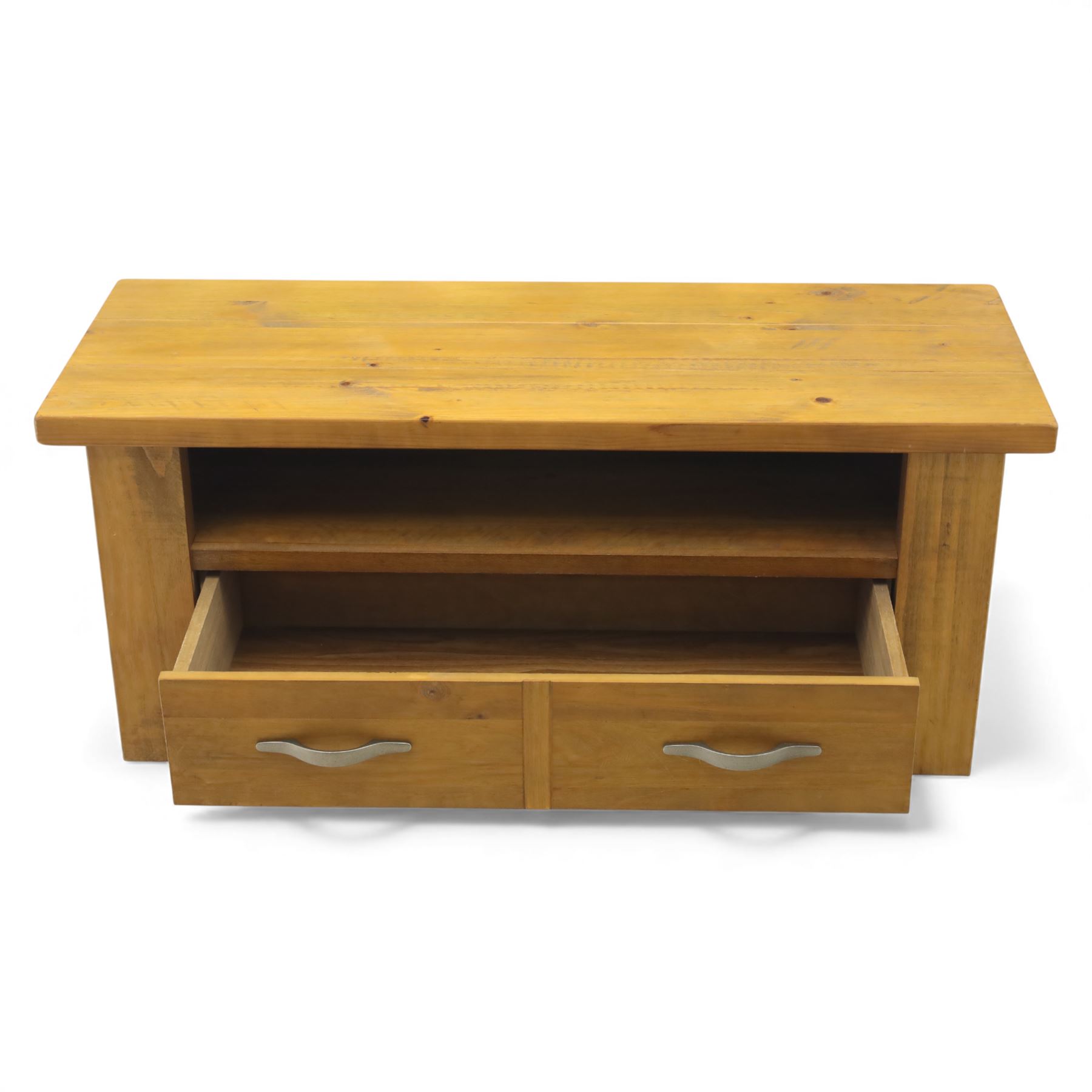 Contemporary pine television stand, with rectangular moulded top above an open shelf, fitted below with two drawers with brushed metal handles, plain sides, raised on square block fee