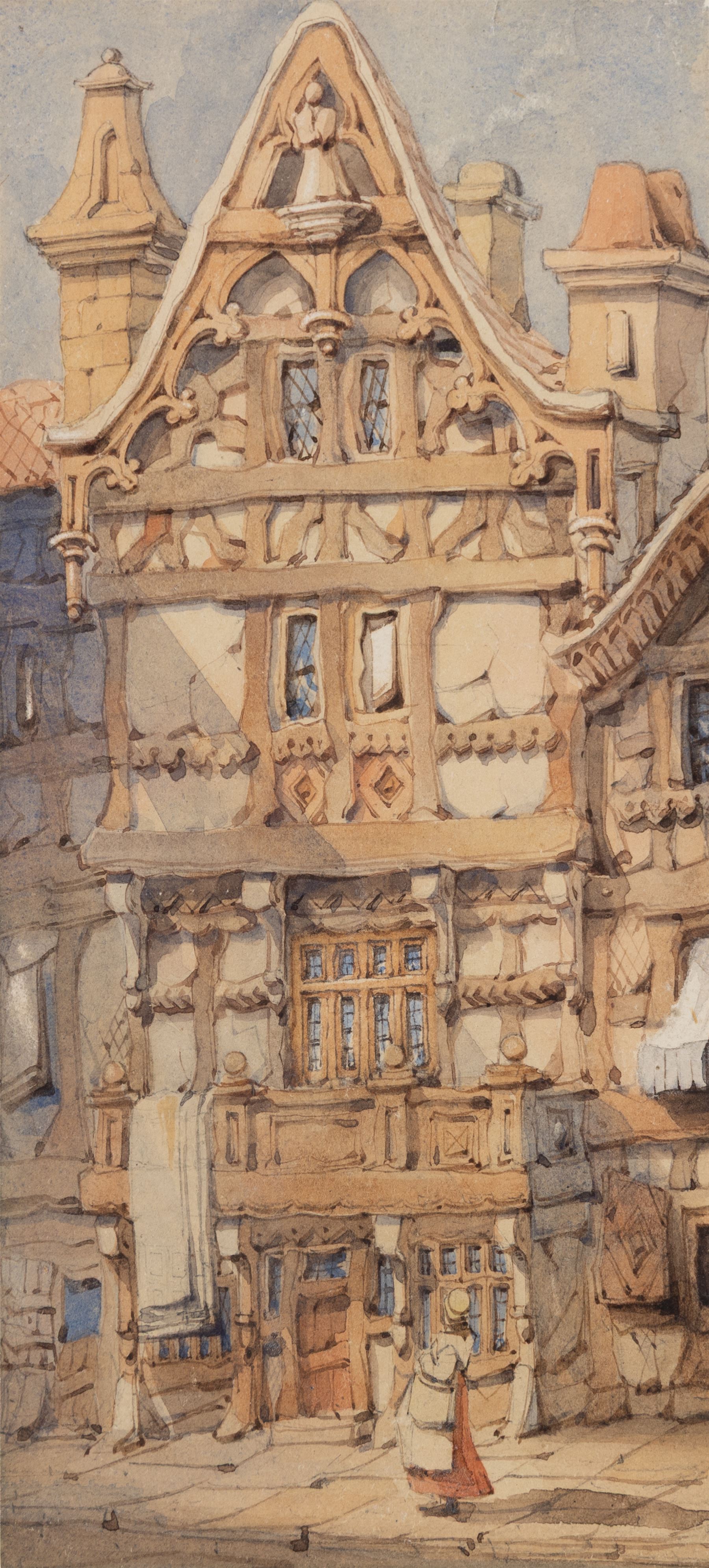 Attrib. Samuel Prout (British 1783-1852): Ornately Carved Continental Timber Framed House, watercolour unsigned 23.5cm x 10.5cm