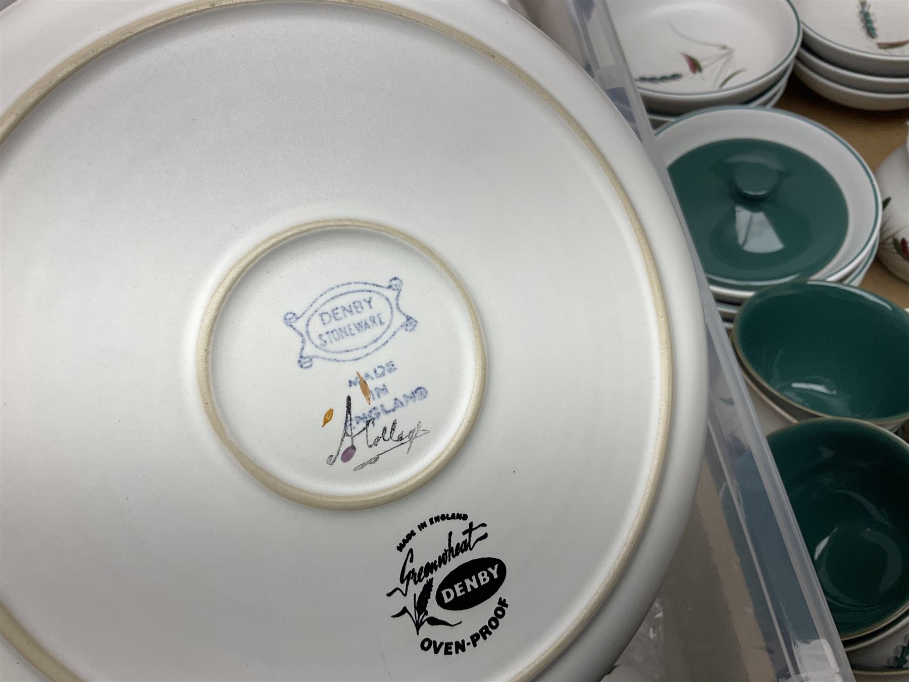 Denby Green Wheat pattern part tea and dinner wares, including serving platters, teacups, teapot, side plates, etc, all with stamped mark beneath