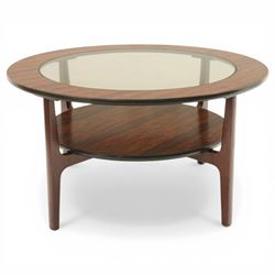 Mid 20th century Greaves & Thomas simulated rosewood circular coffee table, inset glass top with circular undertier on four tapering legs