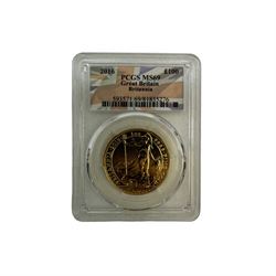 Queen Elizabeth II 2016 one ounce fine gold one hundred pounds Britannia coin, encapsulated and graded by PCGS 'MS69'