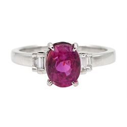18ct white gold oval pink sapphire and baguette diamond ring, hallmarked, pink sapphire approx 1.55 carat