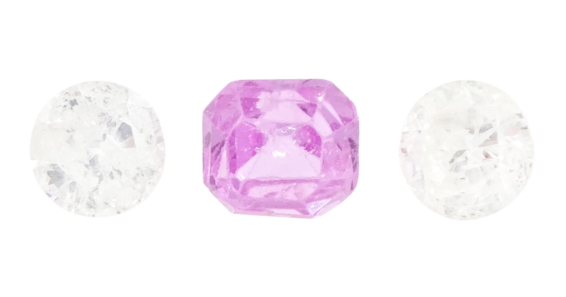 Loose octagonal cut pink sapphire stone of 0.44 carat, with World Gemological Institute report and two loose round brilliant cut diamonds of approx 0.35 carat total weight