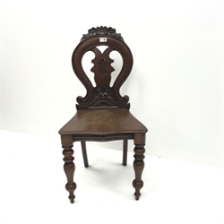Victorian mahogany hall chair, floral carved cresting rail, pierced splat, solid serpentine seat, turned supports, W44cm