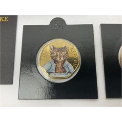 Four gold plated and coloured commemorative fifty pence coins, comprising 2017 Benjamin Bunny, Mr Jeremy Fisher, Tom Kitten and The Tale of Peter Rabbit, with Gold Strike certificate of authenticity