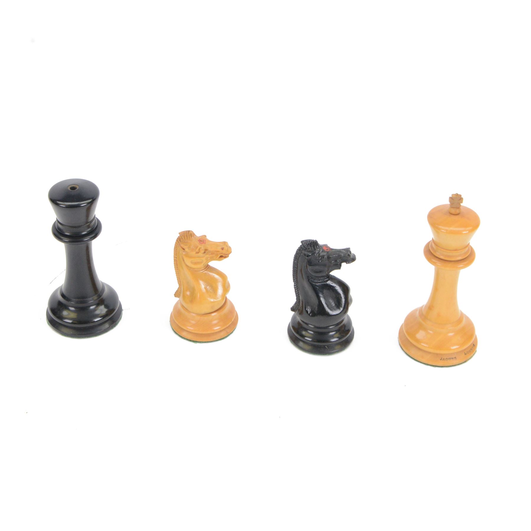 Jaques 'The Staunton Chess-Men' boxwood and ebony chess set, in original brass mounted mahogany box with paper label to interior, only the boxwood king stamped Jaques London, some pieces marked with red crown, boxwood king H11cm