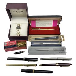 Accurist wristwatch, together with a collection of pens to include parkers, colibri, Sheaffer etc