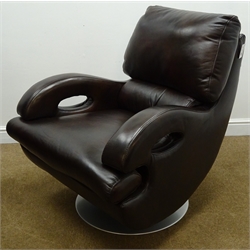  Modern brown leather upholstered swivel chair, shaped arms on chrome base, H95cm, D98cm, W83cm   