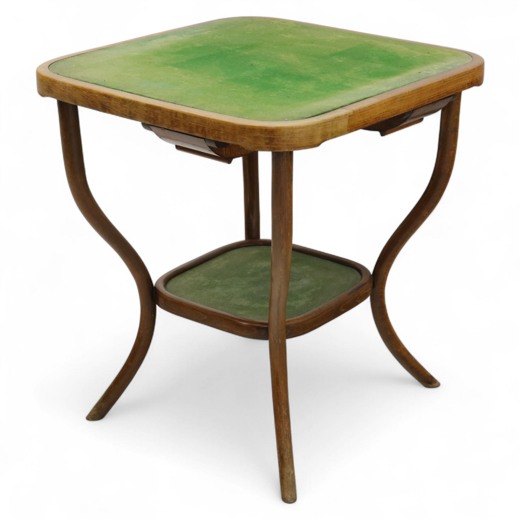 Early 20th century Thonet bentwood card table, square top with rounded corners inset with green baize, four slide-out card trays beneath, on shaped bentwood supports joined by a central stretcher