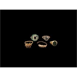 Five 9ct gold rings, all stone set and with split/bent/missing bands
