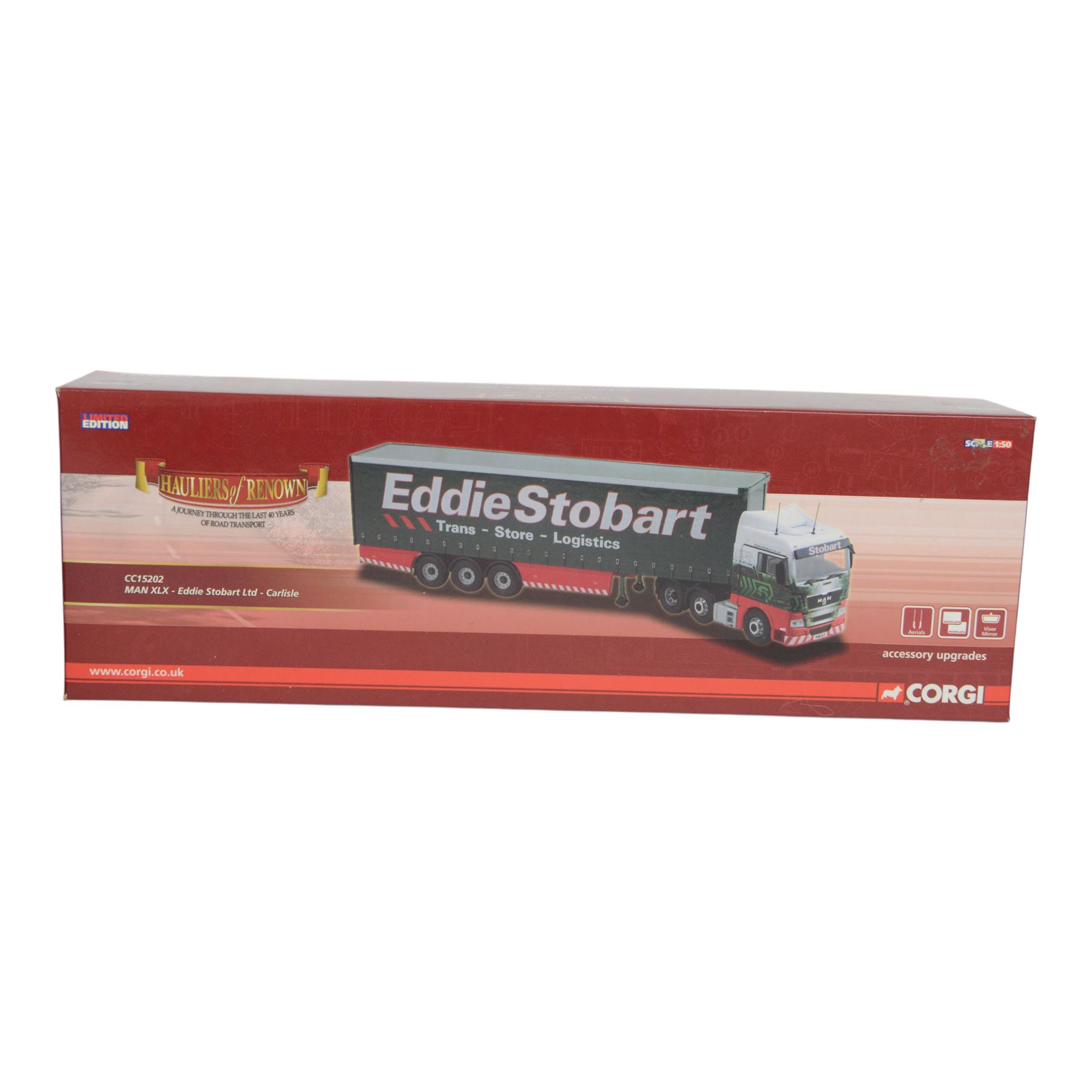 Two Corgi Hauliers of Renown 1:50 scale diecast model lorries, comprising CC14804 Scania 143 Curtainside T.Alun Jones Ltd and CC15202 MAN XLX Eddie Stobart Ltd Carlisle, both boxed