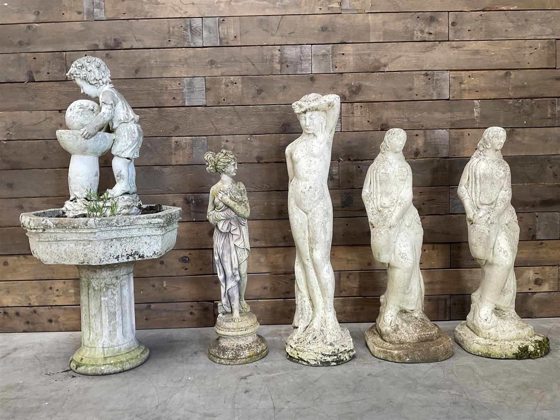 Four cast stone maiden figures, small bird bath and planter