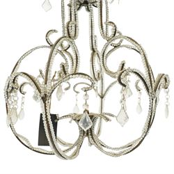 Contemporary decorative hanging chandelier frame, openwork painted metal scroll frame, with applied clear bead borders and hanging faceted glass pendants