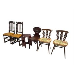 Victorian mahogany hall chair, shell carved back, reeded frieze rail and sabre supports; together with pair 19th century oak high-back chairs and pair mid-20th century fleur-de-lis back chairs, and octagonal occasional table (6)