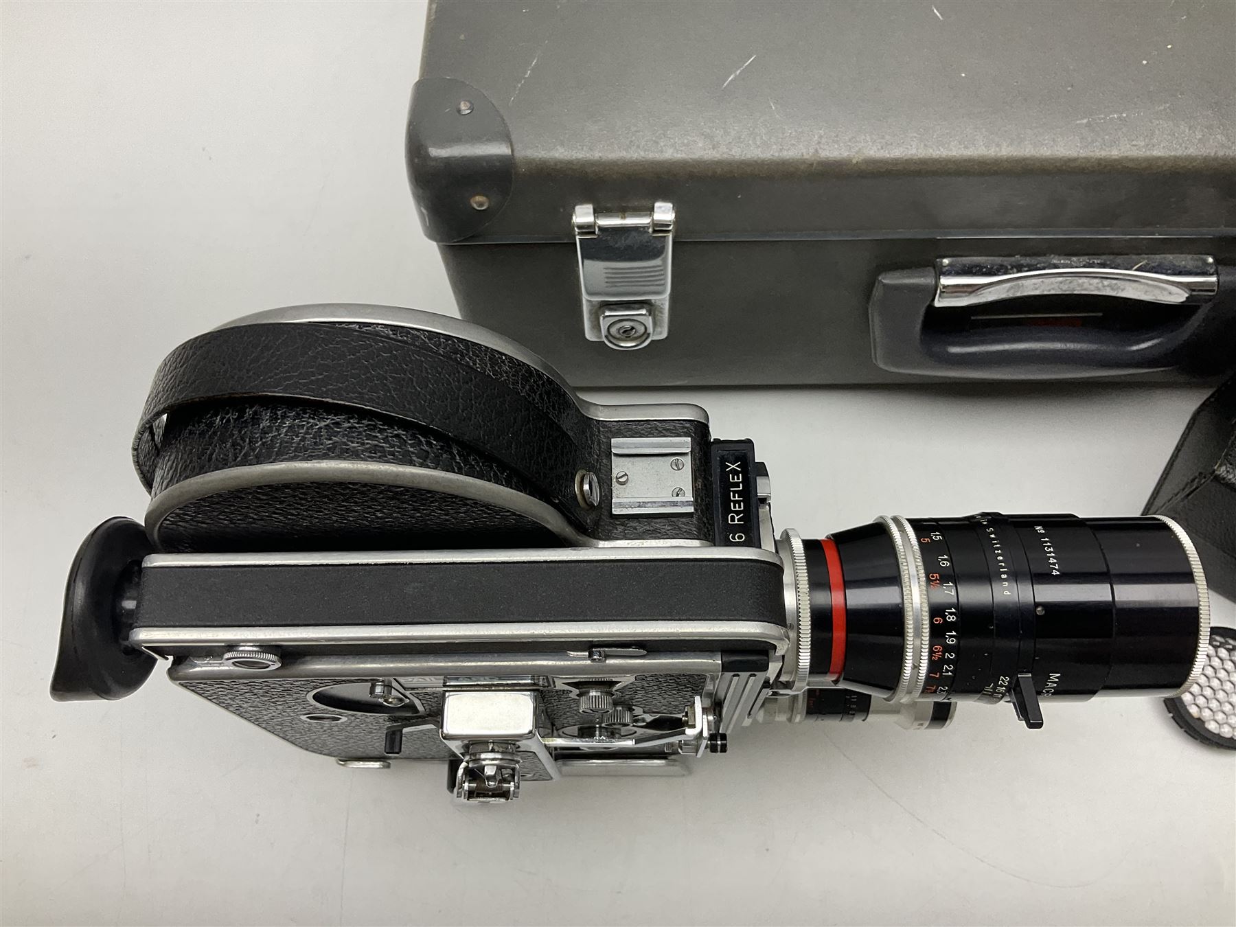 Bolex H16 Reflex camera body, serial no. 136928, with 'Macro-Switar 1:1.9 f=75mm' lens, serial no. 1131474, Switar H16 RX 1:1.6 f=10mm' lens, serial no. 1106324, with hard carry case