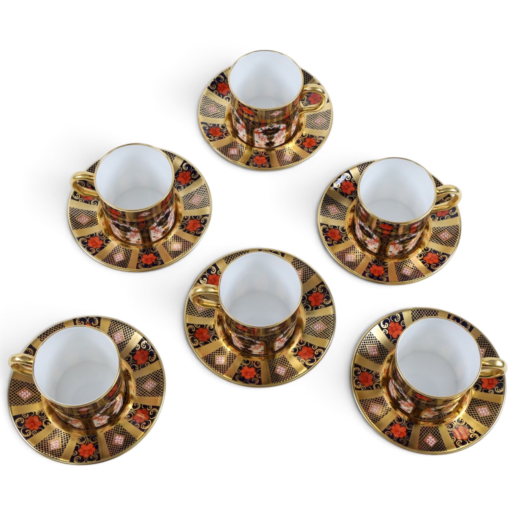 Set of six Royal Crown Derby Old Imari 1128 pattern coffee cans and saucers