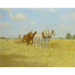  Walter Goodin (British 1907-1992): Harvesting with Horses, oil on board signed and dated '73, 60cm x 75cm  DDS - Artist's resale rights may apply to this lot    