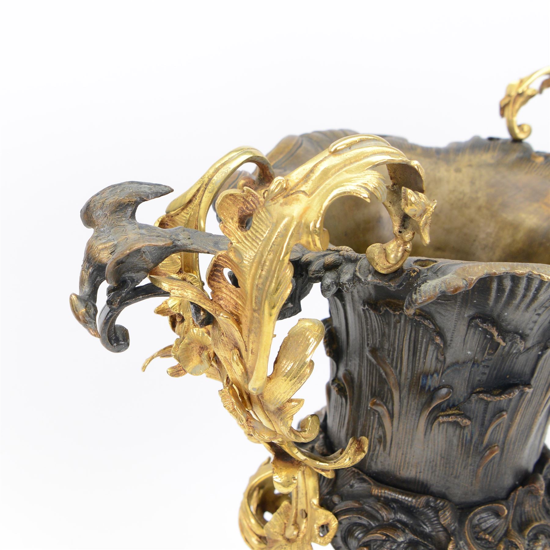 After Henry Dasson (1825-1896): large French gilt bronze urn, the body of typical form and cast with C scrolls, with twin curved gilt foliate handles detailed with birds, upon a scrolling foot, and naturalistically cast base, impressed HENRY DASSON to foot, H50.5cm W48cm