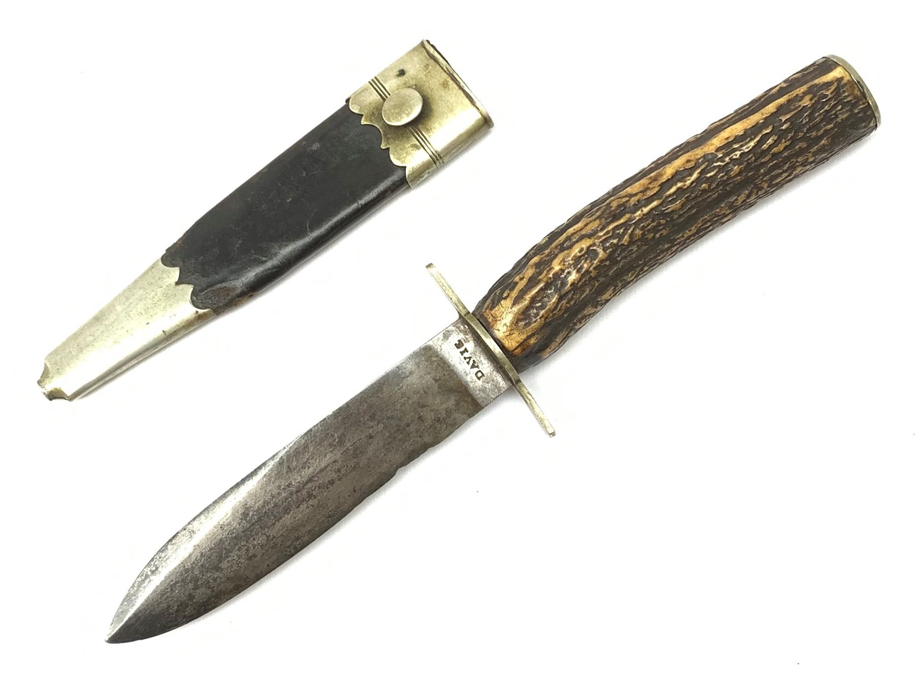 Late 19th century hunting knife by Davie11cm spear point blade, antler grip and leather sheath with nickel mounts overall 23.5cm