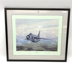 After John Pettitt, colour print entitled 'The Striker' being a Lightning in flight over an estuary, bearing twelve signatures to the mount 42 x 49cm, in black frame