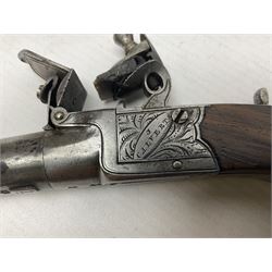 Early 19th century J. Calvert (Leeds) flintlock single barrel tap action pocket pistol, approximately .45 cal., the 4cm (originally) screw off barrel with top safety and walnut stock L16cm overall